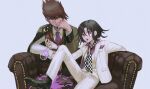  2boys :o alternate_costume black_hair blue_background brown_hair checkered checkered_neckwear closed_mouth commentary couch cup dangan_ronpa_(series) dangan_ronpa_v3:_killing_harmony drinking_glass facial_hair foot_out_of_frame formal goatee green_jacket hand_on_own_cheek hand_on_own_face handkerchief highres holding holding_cup jacket momota_kaito multiple_boys necktie open_mouth ouma_kokichi pin purple_neckwear red_vest shirt simple_background sitting spiky_hair spill star_pin suit symbol_commentary upper_body vest violet_eyes visket53 white_shirt white_suit wine_glass 
