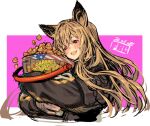  1girl animal_ears arknights brown_hair bucket ceobe_(arknights) dated dog_ears fang fbc food long_hair long_sleeves pink_background popcorn signature 