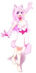  1girl :d absurdres animal_ear_fluff animal_ears anklet barefoot bead_anklet bow bowtie bracelet cat_ears cat_girl cat_tail commentary commission dress english_commentary fangs full_body highres jewelry looking_at_viewer monster_girl open_mouth original outstretched_arms paws pink_bow pink_eyes pink_hair pink_neckwear signature simple_background smile solo spread_arms sundress tail white_background white_dress yoako 