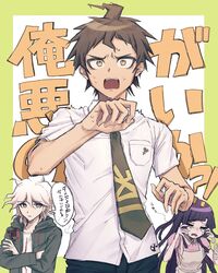  1girl 2boys absurdres aji_kosugi apron bangs black_pants breast_pocket brown_eyes brown_hair commentary_request crossed_arms crying dangan_ronpa_(series) dangan_ronpa_2:_goodbye_despair green_jacket grey_hair hair_between_eyes hands_up highres hinata_hajime hood hood_down hooded_jacket jacket komaeda_nagito long_hair looking_at_viewer multiple_boys necktie nurse open_mouth pants pink_shirt pocket puffy_short_sleeves puffy_sleeves purple_hair shirt short_hair short_sleeves solo_focus standing sweat translation_request trembling tsumiki_mikan upper_teeth white_hair 