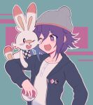  1boy 310v3 :d ;d alternate_costume bangs black_jacket blush checkered checkered_scarf collarbone commentary dangan_ronpa_(series) dangan_ronpa_v3:_killing_harmony fang gen_8_pokemon green_background hat highres holding holding_poke_ball hood hood_down hooded_jacket jacket long_sleeves one_eye_closed open_clothes open_jacket open_mouth ouma_kokichi outline poke_ball pokemon pokemon_(creature) pokemon_(game) pokemon_swsh purple_hair red_background scarf scorbunny shirt smile upper_body violet_eyes white_shirt 