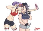  2girls abs alex_moon_(shardanic) asymmetrical_hair bandaid bandaid_on_cheek baseball_cap bike_shorts blue_eyes blue_nails bottle boxer-chan breasts character_request clothes_writing commentary earrings english_commentary eyewear_lift fingerless_gloves fingernails flat_chest gloves grey_hair gym_shorts hair_bun hat holding holding_phone jewelry large_breasts midriff multiple_girls muscular muscular_female nail_polish navel outstretched_arm pale_skin phone purple_hair raised_eyebrows red-tinted_eyewear red_sports_bra rimless_eyewear round_eyewear self_shot shardanic shorts side-tie_shirt sleeveless sleeves_rolled_up sports_bra sunglasses thigh-highs toned undercut updo v water_bottle white_background white_legwear 