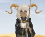  1girl animal_ears arknights bangs beeswax_(arknights) black_jacket dark_skin dark-skinned_female day dress goat_ears goat_horns gold_horns hara_shoutarou highres holding holding_staff horns infection_monitor_(arknights) jacket medium_hair outdoors parted_lips solo staff upper_body white_dress white_hair yellow_eyes 