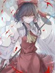  1girl ascot bangs blood bow breasts brown_hair collarbone commentary cowboy_shot detached_sleeves eyebrows_visible_through_hair frilled_shirt_collar frills gohei gradient gradient_background grey_background hair_between_eyes hair_bow hair_tubes hakurei_reimu hegata_(hegatia_lapis) highres holding holding_stick looking_at_viewer parted_lips petticoat pink_eyes red_bow red_skirt red_vest sarashi short_hair_with_long_locks skirt skirt_set small_breasts solo standing stick swept_bangs touhou v-shaped_eyebrows vest wide_sleeves yellow_neckwear yin_yang_orb 