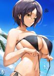  1girl bangs bare_shoulders bikini black_bikini blue_sky breasts closed_mouth clouds commentary day english_commentary hands_up hayami_kanade highres horizon idolmaster idolmaster_cinderella_girls mixed-language_commentary navel ocean outdoors palm_tree parted_bangs short_hair side-tie_bikini skindentation sky solo swimsuit tony_guisado tree under_boob untied untied_bikini upper_body water water_drop yellow_eyes 