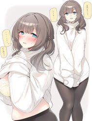  1girl black_legwear blue_eyes blush bra braid breasts brown_hair clothes_lift commentary cowboy_shot french_braid grey_background highres lace lace-trimmed_bra lace_trim large_breasts lifted_by_self looking_at_viewer medium_hair midriff nekoume open_mouth original pantyhose plump simple_background sleeves_past_wrists solo sweat sweatdrop sweater sweater_lift translated turtleneck turtleneck_sweater twintails underwear white_sweater yellow_bra 