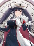  1girl azur_lane black_dress black_hair blush breasts cape clock dress hat highres keenh large_breasts long_hair looking_at_viewer military_hat mole mole_under_eye peaked_cap peter_strasser_(azur_lane) red_cape solo twintails two-tone_cape very_long_hair violet_eyes white_cape white_dress white_headwear 