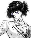  1boy bangs blunt_bangs bob_cut bruno_buccellati closed_mouth commentary_request floating_hair hair_ornament hairclip high_collar highres jojo_no_kimyou_na_bouken looking_ahead looking_away male_focus patterned_clothing pectorals short_hair simple_background solo spot_color tiyi_(tiyi_a09) upper_body vento_aureo violet_eyes white_background zipper zipper_pull_tab 
