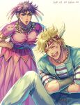  2boys :d artist_name battle_tendency blonde_hair caesar_anthonio_zeppeli closed_mouth commentary_request crossdressinging crossed_arms dated dress dyresbroom earrings facial_mark feathers hair_feathers hair_ornament hands_on_hips happy_tears headband jewelry jojo_no_kimyou_na_bouken joseph_joestar_(tequila) joseph_joestar_(young) laughing leaning_forward lipstick makeup male_focus multiple_boys neck_ring necklace open_mouth pink_dress purple_hair rouge_(makeup) shirt short_hair sitting smile striped striped_shirt sweat taut_clothes taut_dress tearing_up tears 