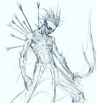  1boy arrow_(projectile) bow_(weapon) collarbone fingernails floating floating_hair greyscale highres holding holding_bow_(weapon) holding_weapon jung_myung_lee long_fingernails male_focus monochrome monster original planted planted_arrow pointy_ears sketch solo spikes teeth topless_male vambraces very_long_fingernails weapon wide-eyed 