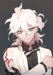  1boy absurdres ahoge bangs black_background black_gloves black_ribbon black_shirt collared_shirt commentary_request dangan_ronpa_(series) dangan_ronpa_2:_goodbye_despair gloves grey_background grey_eyes hair_between_eyes highres jacket komaeda_nagito looking_at_viewer male_focus official_alternate_costume open_clothes open_jacket print_jacket ribbon shirt short_hair short_ponytail signature simple_background sin11111 single_glove smile solo twitter_username two-tone_ribbon upper_body white_hair white_jacket white_ribbon 