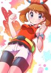  1girl bangs bike_shorts blush bow_hairband bracelet breasts brown_hair clenched_hands closed_mouth collarbone commentary eyebrows_visible_through_hair eyelashes fanny_pack grey_eyes hairband hands_up highres jewelry looking_at_viewer may_(pokemon) miyama-san pokemon pokemon_(game) pokemon_oras shirt short_shorts shorts sleeveless sleeveless_shirt smile solo white_shorts 
