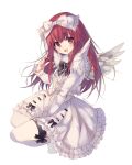  1girl :d black_bow bow commentary deathsmiles dress duplicate feathered_wings frilled_dress frills full_body hair_bow hand_up juliet_sleeves long_hair long_sleeves looking_at_viewer open_mouth puffy_sleeves red_eyes redhead rento_(rukeai) simple_background single_wing smile solo thigh-highs twitter_username very_long_hair white_background white_bow white_dress white_legwear white_wings windia_(deathsmiles) wings 