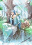  1boy animal belt blue_hair bracelet branch capelet closed_eyes closed_mouth cu_chulainn_(fate)_(all) cu_chulainn_(fate/grand_order) deer earrings fairy fate/grand_order fate_(series) forest fur-trimmed_hood fur_trim hood hood_down hooded_capelet horns jewelry kahunout leaf long_hair male_focus nature open_toe_shoes outdoors pants red_eyes smile solo spiky_hair sunlight type-moon water 