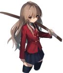  1girl absurdres aisaka_taiga bangs black_legwear blue_skirt brown_eyes brown_hair closed_mouth cropped_legs eyebrows_visible_through_hair hair_between_eyes hara_shoutarou highres holding holding_sword holding_weapon jacket long_hair looking_at_viewer oohashi_high_school_uniform over_shoulder pleated_skirt red_jacket school_uniform simple_background skirt solo sword thigh-highs toradora! weapon weapon_over_shoulder white_background wooden_sword 