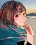  1girl absurdres aqua_eyes bangs blush bob_cut brown_hair hand_up highres huge_filesize looking_at_viewer mask mask_pull medium_hair mouth_mask multicolored multicolored_eyes original outdoors portrait red_eyes richard_(ri39p) smile solo surgical_mask white_mask 