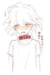  1boy animal_collar bangs blush brown_eyes collar collarbone commentary_request crying crying_with_eyes_open dangan_ronpa_(series) dangan_ronpa_2:_goodbye_despair io_(sinking=carousel) komaeda_nagito male_focus medium_hair messy_hair open_mouth red_collar shirt short_sleeves simple_background solo t-shirt tearing_up tears translation_request upper_body white_background white_shirt 