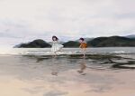  2girls barefoot beach clouds cloudy_sky dress hill horizon long_hair maeya_susumu multiple_girls open_mouth orange_shirt original profile reflection running shirt short_hair shorts sky smile water white_dress white_shorts wide_shot 