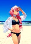  1girl arm_up bangs beach bikini black_bikini blue_eyes blue_sky braid cowboy_shot day frilled_bikini frills hair_between_eyes highres long_hair long_sleeves looking_at_viewer maeya_susumu maid_headdress marine_day original outdoors parted_lips pink_hair shirt sky smile solo swimsuit very_long_hair white_shirt wind 