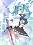  1girl black_dress cowboy_shot dress floating_hair green_hair hair_between_eyes hair_ribbon hand_on_hip hatsune_miku indoors liem_(zero854) long_hair looking_at_viewer maid maid_headdress necktie ribbon sidelocks smile solo standing thigh-highs twintails vocaloid white_legwear window 