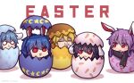 5girls :3 :d animal_ears animal_print bangs black_hair blonde_hair bunny_print carrot_print closed_eyes crescent_print easter_egg eating egg english_text floppy_ears food_print half-closed_eyes in_container inaba_tewi long_hair long_sleeves looking_at_viewer multiple_girls o_o open_mouth purple_hair rabbit_ears red_eyes reisen_(touhou_bougetsushou) reisen_udongein_inaba ringo_(touhou) seiran_(touhou) short_hair simple_background smile star_(symbol) star_print touhou triangle_mouth unime_seaflower white_background 