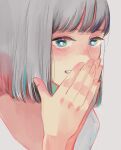  1girl absurdres aqua_eyes bangs blush bob_cut grey_background grey_hair hands_up highres huge_filesize looking_at_viewer original portrait richard_(ri39p) shirt short_hair simple_background solo tears white_shirt 