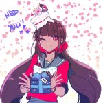  1girl 310v3 ;) bangs black_hair blunt_bangs box brown_hair cake candle cherry commentary dangan_ronpa_(series) dangan_ronpa_v3:_killing_harmony english_commentary eyebrows_visible_through_hair food food_on_head fruit gift gift_box hair_ornament hair_scrunchie happy_birthday harukawa_maki highres holding holding_gift long_hair looking_at_viewer low_twintails miniboy mole mole_under_eye momota_kaito object_on_head one_eye_closed red_eyes red_scrunchie red_shirt sailor_collar school_uniform scrunchie serafuku shirt skirt smile solo_focus twintails upper_body very_long_hair 