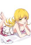  1girl arm_support bakemonogatari bangs barefoot blonde_hair blush_stickers bow breasts closed_mouth collarbone commentary_request crossed_ankles dress eyebrows_visible_through_hair feet_up frilled_dress frills full_body head_rest high_heels highres legs_up long_hair looking_at_viewer lying monogatari_(series) on_stomach oshino_shinobu pink_bow rauto sandals shadow shiny shiny_hair shoe_removed shoes sidelocks simple_background single_shoe small_breasts smile soles solo sundress the_pose toes white_background yellow_eyes 