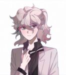  1boy adjusting_clothes alternate_hairstyle bangs black_bow black_shirt blush bow bowtie brown_eyes collarbone commentary_request dangan_ronpa_(series) dangan_ronpa_2:_goodbye_despair frown grey_hair grey_jacket hair_between_eyes hand_up highres jacket komaeda_nagito looking_at_viewer male_focus official_alternate_costume portrait shirt simple_background solo white_bow wonchul 