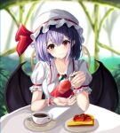  1girl ascot bangs bat_wings blurry blurry_background blush breasts bridge brooch cake cake_slice chromatic_aberration closed_mouth collarbone commentary_request cup day dress eyebrows_visible_through_hair fingernails food fork fruit hair_between_eyes hat hat_ribbon highres holding holding_fork jewelry kure:kuroha looking_at_viewer medium_hair mob_cap open_hand outdoors plant plate puffy_short_sleeves puffy_sleeves purple_hair red_eyes red_neckwear red_ribbon remilia_scarlet ribbon saucer short_sleeves small_breasts solo spoon strawberry table teacup touhou tree upper_body wavy_mouth white_dress white_headwear wings wrist_cuffs 
