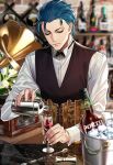  1boy alcohol blue_hair bow bowtie closed_eyes cup dress_shirt drinking_glass fate/grand_order fate_(series) highres male_focus phonograph pouring sherlock_holmes_(fate/grand_order) shirt smile solo upper_body vest wine_glass yaoshi_jun 
