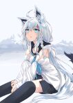  1girl absurdres ahoge animal_ear_fluff animal_ears bangs between_legs black_shorts blue_eyes braid breasts commentary daocheng detached_sleeves eyebrows_visible_through_hair fox_ears fox_girl fox_tail hair_between_eyes hand_between_legs highres hololive hood hoodie long_hair shirakami_fubuki shorts sidelocks single_braid sitting small_breasts solo tail thigh-highs white_hair white_hoodie white_sleeves 