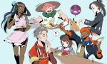  3boys 3girls apron armlet beige_headwear bike_shorts black_hair black_hoodie black_jacket blue_eyes blue_hair bob_cut brown_eyes brown_hair cardigan closed_eyes collared_shirt commentary curry dark_skin dark-skinned_female dark_skinned_male earrings eating feeding food freckles gen_4_pokemon gen_8_pokemon gloria_(pokemon) green_eyes green_headwear grey_cardigan gym_leader hair_bun hair_ribbon hat highres holding holding_ladle hood hooded_cardigan hoodie hoop_earrings jacket jewelry kabu_(pokemon) knees ladle long_hair marnie_(pokemon) milo_(pokemon) morpeko morpeko_(full) morpeko_(hangry) multicolored_hair multiple_boys multiple_girls necklace nessa_(pokemon) open_mouth pikat pink_apron pink_hair plate pokemon pokemon_(creature) pokemon_(game) pokemon_swsh raihan_(pokemon) red_ribbon ribbon rice rotom rotom_phone shirt short_hair short_sleeves smile spilling sun_hat tam_o&#039;_shanter teeth tongue towel towel_around_neck two-tone_hair wiping_mouth 