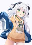  1girl absurdres ahoge animal_ears arms_up blue_jacket blush green_eyes highres ikazu401 jacket long_hair no_pants off_shoulder original panda_ears print_sweater silver_hair sleeves_past_wrists solo sweater two_side_up yellow_sweater 