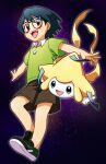  1boy :d bangs black_hair brown_eyes brown_shorts collared_shirt commentary_request gen_3_pokemon glasses glowing green_footwear green_shirt highres jirachi male_focus max_(pokemon) mythical_pokemon nagiru official_style open_mouth outline outstretched_arms pokemon pokemon_(anime) pokemon_(creature) pokemon_rse_(anime) shirt shoes short_hair short_sleeves shorts smile teeth tongue 