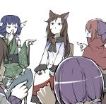  &lt;o&gt;_&lt;o&gt; 5girls animal_ears bangs black_eyes blue_bow blue_eyes blue_hair bow brooch brown_hair chair cloak dress drill_locks frilled_kimono frills green_kimono hair_bow hand_to_own_mouth hands_on_own_knees highres imaizumi_kagerou japanese_clothes jewelry kimono long_hair long_sleeves multiple_girls open_mouth peroponesosu. pointing_at_another purple_hair red_nails redhead sash sekibanki short_hair simple_background sitting tied_hair touhou tsukumo_benben tsukumo_yatsuhashi wakasagihime werewolves_of_millers_hollow white_background white_dress wolf_ears 