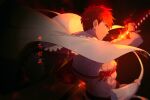  1boy blurry cape character_name cis05 depth_of_field emiya_shirou facing_away fate/grand_order fate_(series) fire holding holding_sword holding_weapon katana limited/zero_over male_focus pectorals redhead sengo_muramasa_(fate) smile solo sword upper_body weapon white_cape wristband 