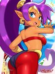  1girl absurdres artist_name ass bangs bare_shoulders blue_eyes blue_sky blush breasts clouds cloudy_sky commentary dark_skin day hair_ornament highres jewelry looking_at_viewer looking_back medium_breasts midriff open_mouth outdoors pointy_ears ponytail purple_hair sarukaiwolf shantae_(character) shantae_(series) shiny shiny_clothes shiny_hair shiny_skin signature simple_background skin_tight sky solo tiara tied_hair 