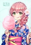  1girl absurdres bangs braid cotton_candy eyebrows_visible_through_hair floral_print food green_eyes hair_ornament highres holding holding_food japanese_clothes kimono lips long_hair morikura_en obi original pink_hair sash scan shiny shiny_hair shiny_skin simple_background single_braid solo tied_hair 