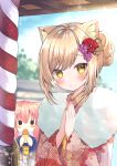  2girls :o absurdres ahoge animal_ear_fluff animal_ears bangs blonde_hair blue_kimono blurry blurry_background blush blush_stickers cat_ears commentary_request day depth_of_field eyebrows_visible_through_hair floral_print flower food hair_between_eyes hair_bun hair_flower hair_ornament hamikoron hands_together highres holding holding_food japanese_clothes kimono long_sleeves looking_at_viewer multiple_girls nail_polish obi original outdoors own_hands_together palms_together parted_lips pink_hair pink_nails print_kimono red_flower red_kimono sash sidelocks solo_focus upper_body wide_sleeves yellow_eyes 