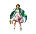  1girl absurdres asatani_tomoyo bangs boots bracelet bridal_gauntlets brown_eyes brown_hair brown_legwear cape circlet closed_mouth commentary_request dress fire_emblem fire_emblem:_thracia_776 fire_emblem_heroes full_body gold_trim green_cape highres jewelry long_hair long_sleeves looking_at_viewer miranda_(fire_emblem) official_art pelvic_curtain shiny shiny_clothes shiny_hair smile standing thigh-highs white_background white_footwear 