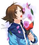  1boy bangs blue_jacket brown_eyes brown_hair commentary_request eyebrows_visible_through_hair flower hand_up hat highres hilbert_(pokemon) holding holding_clothes holding_hat jacket leaf long_sleeves looking_up male_focus nagiru open_mouth petals pink_flower pokemon pokemon_(game) pokemon_bw solo teeth tongue upper_body watermark zipper_pull_tab 