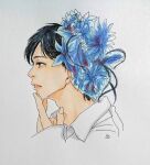  1boy black_eyes black_hair blue_flower flower hair_flower hair_ornament highres male_focus medium_hair mole mole_under_eye profile simple_background solo upper_body uyusong_(yue) white_background 