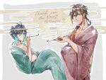  2boys bangs black_hair blue_hair brown_hair closed_mouth collarbone earrings english_text genshin_impact genshin_krois gradient_hair grey_background hair_between_eyes hands_in_opposite_sleeves highres holding holding_pipe japanese_clothes jewelry kimono long_hair long_sleeves looking_at_viewer male_focus multicolored_hair multiple_boys otoko_no_ko pipe ponytail sidelocks simple_background single_earring smoke smoking tassel tassel_earrings venti_(genshin_impact) yellow_eyes zhongli_(genshin_impact) 