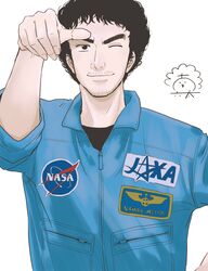  1boy afro black_eyes black_hair facial_hair hand_up highres jaxa looking_at_viewer male_focus mustache nanba_mutta nasa_logo one_eye_closed pocket simple_background solo stubble thick_eyebrows uchuu_kyoudai uniform upper_body ut0702 zipper 