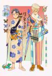  2girls black_hair blonde_hair blue_umbrella brown_footwear bug butterfly crossed_arms dress floral_print gradient gradient_background insect kuribulb lizard long_sleeves multiple_girls original print_dress shoes short_sleeves umbrella white_dress white_footwear 