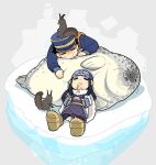  1boy 1girl ainu ainu_clothes animal asirpa bandana black_hair blue_bandana blue_coat blue_headwear brown_footwear buttons cape chibi coat commentary_request ear_piercing earrings facing_viewer full_body fur fur_cape golden_kamuy hands_together hat hoop_earrings ice imperial_japanese_army jewelry kepi long_hair long_sleeves military military_hat military_uniform onnomono open_mouth piercing saliva saliva_trail scar scar_on_cheek scar_on_face scar_on_nose scarf seal short_hair sidelocks simple_background sleeping spiky_hair squirrel star_(symbol) sugimoto_saichi two-tone_headwear uniform wide_sleeves yellow_headwear yellow_scarf 