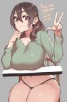  1girl 2021 agawa_ryou breasts brown_eyes brown_hair chair commentary dated desk grey_background large_breasts long_hair looking_at_viewer navel original simple_background sitting smile solo thick_thighs thighs v 