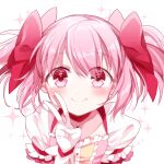  1girl ayumaru_(art_of_life) bangs blush bow breasts choker dot_nose dress eyebrows_visible_through_hair eyes_visible_through_hair frilled_dress frills gloves hair_bow kaname_madoka leaning_forward looking_at_viewer magical_girl mahou_shoujo_madoka_magica pink_dress pink_eyes pink_hair short_twintails simple_background small_breasts smile solo soul_gem swept_bangs twintails upper_body v white_background white_gloves 