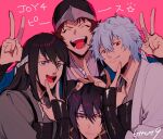  4boys 6tnut9 :d ^_^ arm_guards artist_name bandaged_head bandages bangs black_hair black_headwear blue_hair brown_eyes brown_hair closed_eyes closed_mouth commentary_request double_v gintama grey_kimono hair_between_eyes hands_up hat japanese_clothes joui katsura_kotarou kimono looking_at_viewer male_focus multiple_boys open_mouth pink_background red_eyes sakamoto_tatsuma sakata_gintoki signature simple_background smile takasugi_shinsuke translation_request v v-shaped_eyebrows white_kimono 